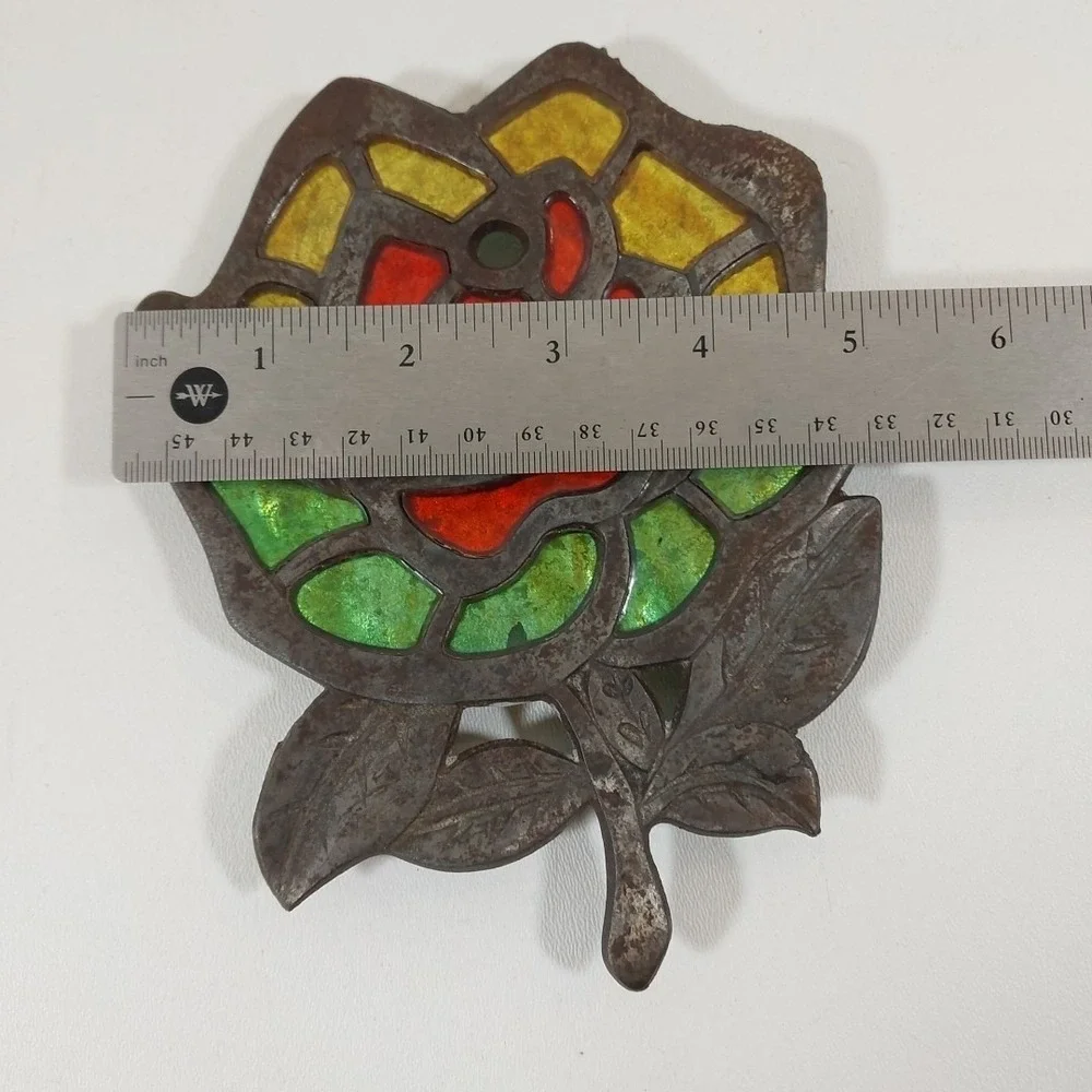 Vintage Rare Cast Iron‎ Rose Trivet Stained Glass Stand